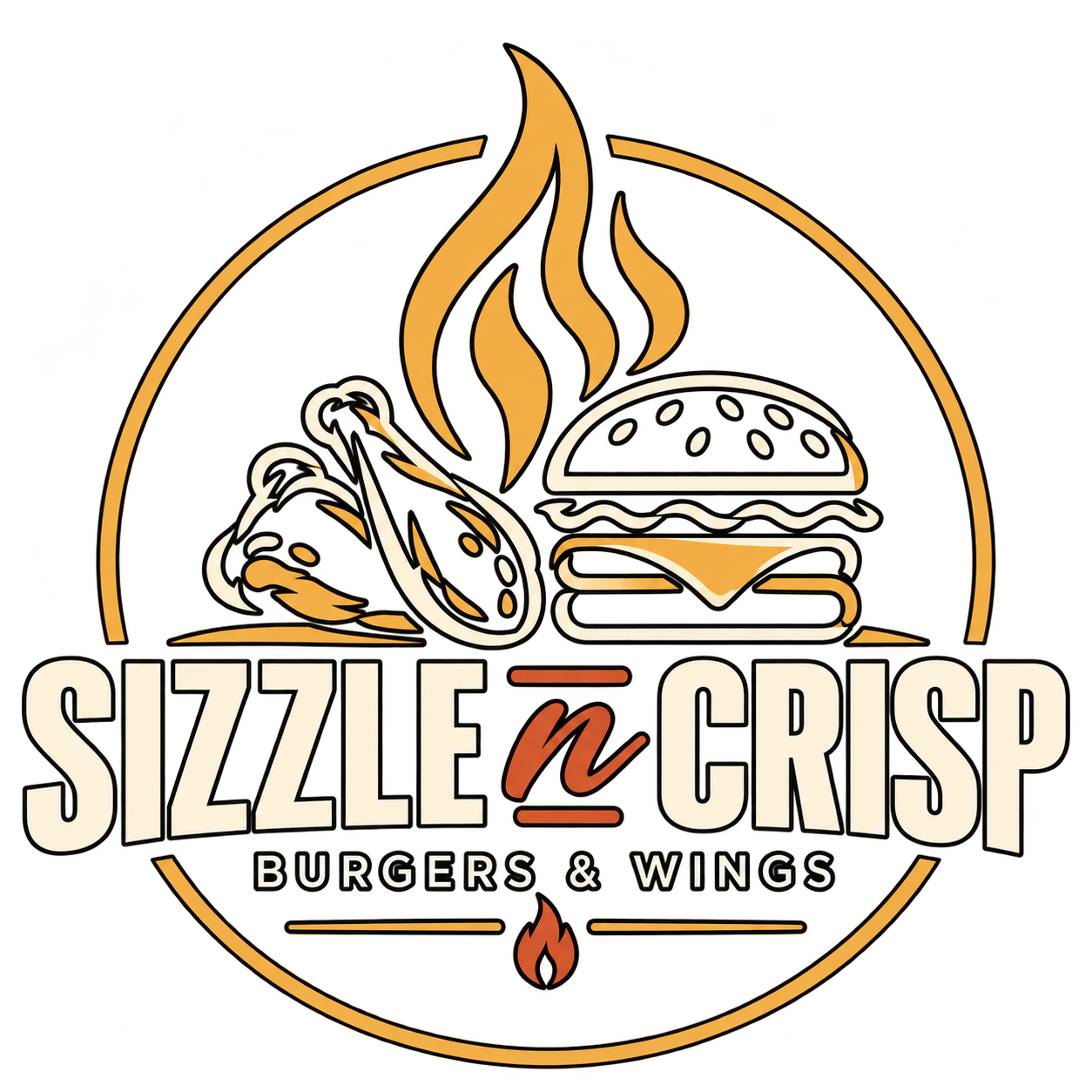 Logo Sizzle n Crisp: hamburguesa, alitas y llamas en dorado, crema y naranja